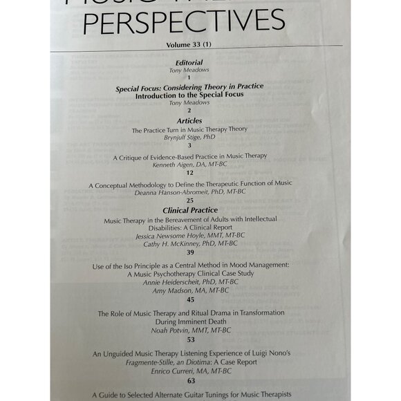 Music Therapy Perspectives Vol 33 Issues 1 & 2  Considering Theory In Practice - Picture 3 of 12